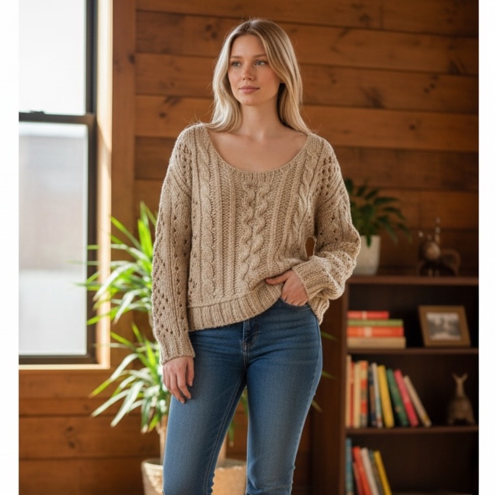 Free People Cable Knit Sweater - Beige - 15% Wool and 15% Mohair - Sz Small